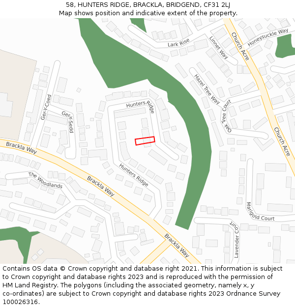 58, HUNTERS RIDGE, BRACKLA, BRIDGEND, CF31 2LJ: Location map and indicative extent of plot