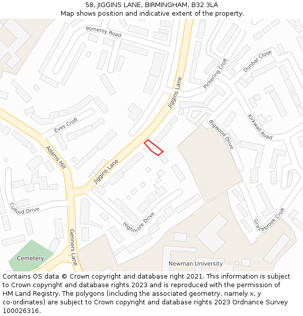 58, JIGGINS LANE, BIRMINGHAM, B32 3LA: Location map and indicative extent of plot