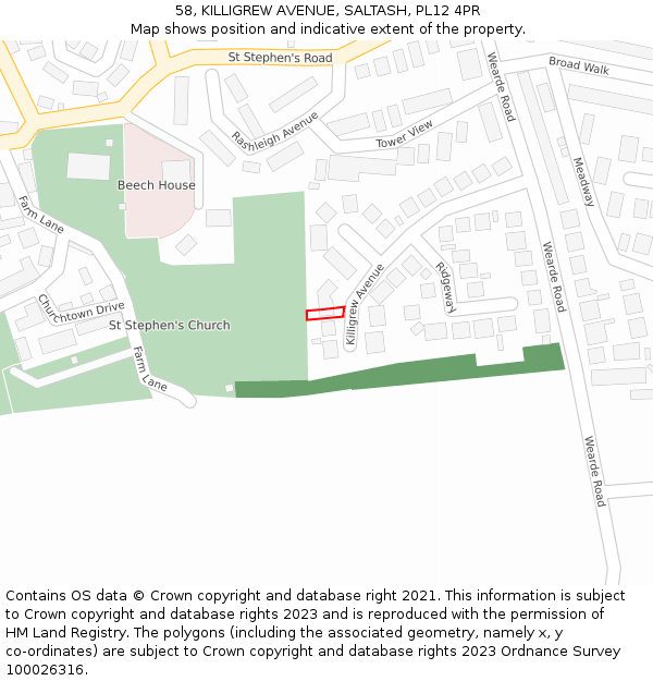 58, KILLIGREW AVENUE, SALTASH, PL12 4PR: Location map and indicative extent of plot