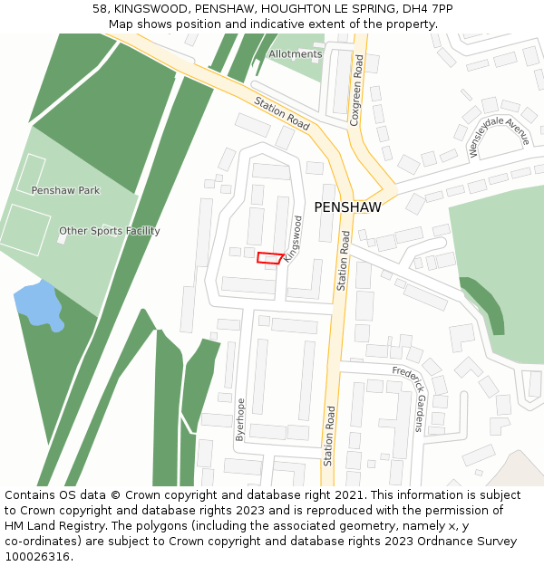 58, KINGSWOOD, PENSHAW, HOUGHTON LE SPRING, DH4 7PP: Location map and indicative extent of plot