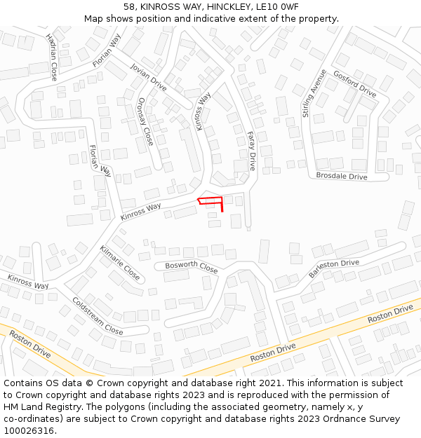 58, KINROSS WAY, HINCKLEY, LE10 0WF: Location map and indicative extent of plot
