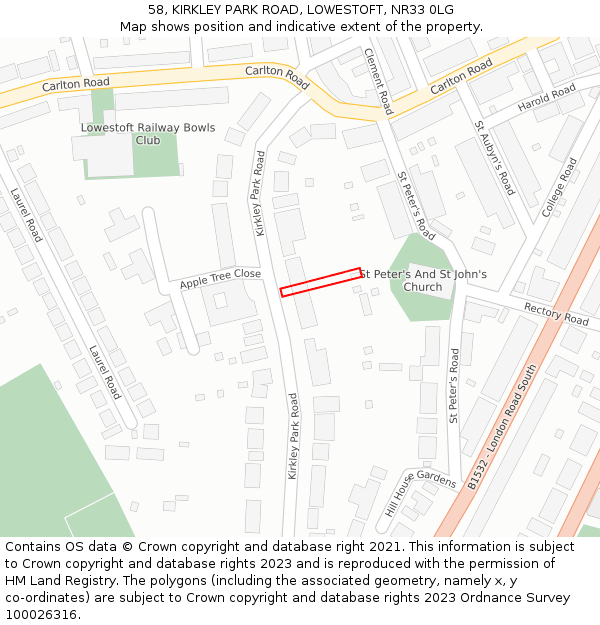 58, KIRKLEY PARK ROAD, LOWESTOFT, NR33 0LG: Location map and indicative extent of plot