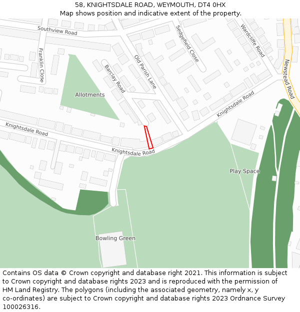 58, KNIGHTSDALE ROAD, WEYMOUTH, DT4 0HX: Location map and indicative extent of plot
