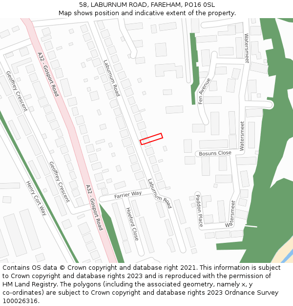 58, LABURNUM ROAD, FAREHAM, PO16 0SL: Location map and indicative extent of plot