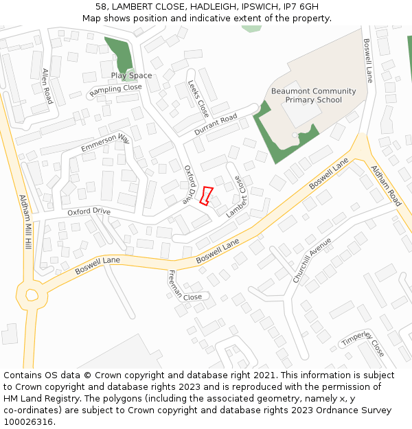 58, LAMBERT CLOSE, HADLEIGH, IPSWICH, IP7 6GH: Location map and indicative extent of plot