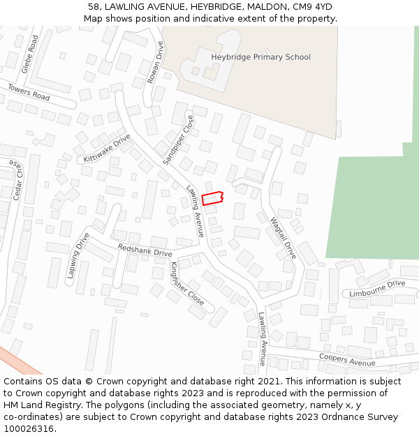 58, LAWLING AVENUE, HEYBRIDGE, MALDON, CM9 4YD: Location map and indicative extent of plot
