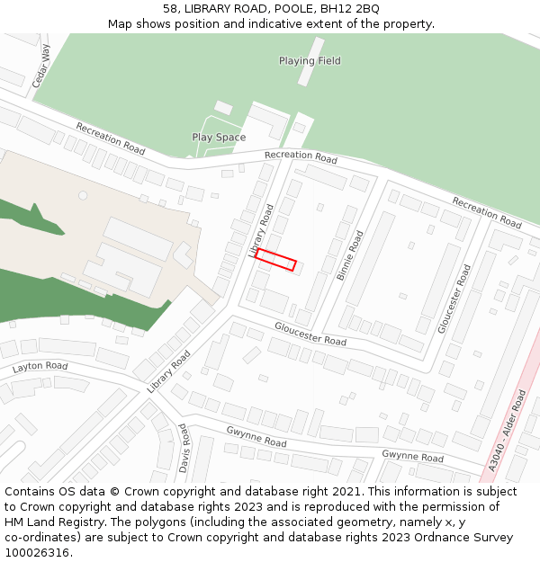 58, LIBRARY ROAD, POOLE, BH12 2BQ: Location map and indicative extent of plot