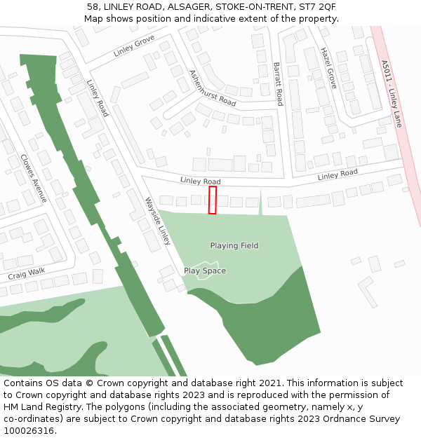 58, LINLEY ROAD, ALSAGER, STOKE-ON-TRENT, ST7 2QF: Location map and indicative extent of plot
