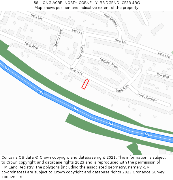 58, LONG ACRE, NORTH CORNELLY, BRIDGEND, CF33 4BG: Location map and indicative extent of plot