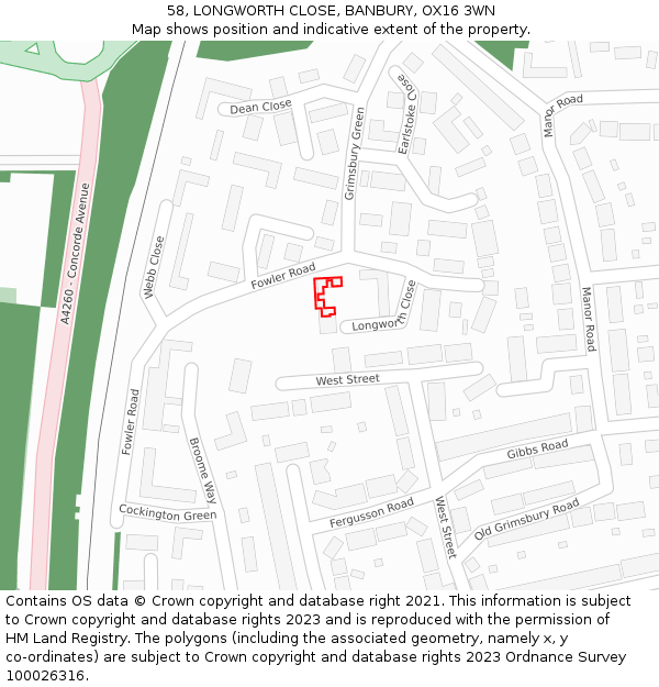58, LONGWORTH CLOSE, BANBURY, OX16 3WN: Location map and indicative extent of plot