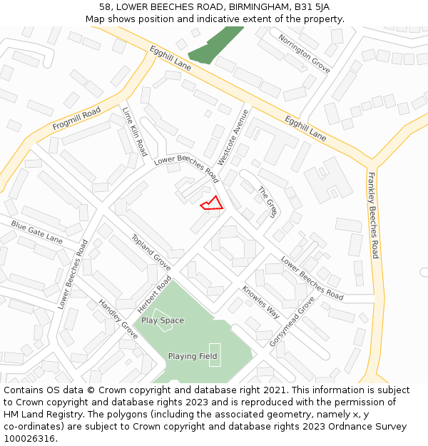 58, LOWER BEECHES ROAD, BIRMINGHAM, B31 5JA: Location map and indicative extent of plot