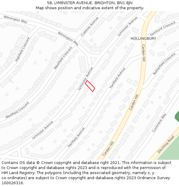 58, LYMINSTER AVENUE, BRIGHTON, BN1 8JN: Location map and indicative extent of plot