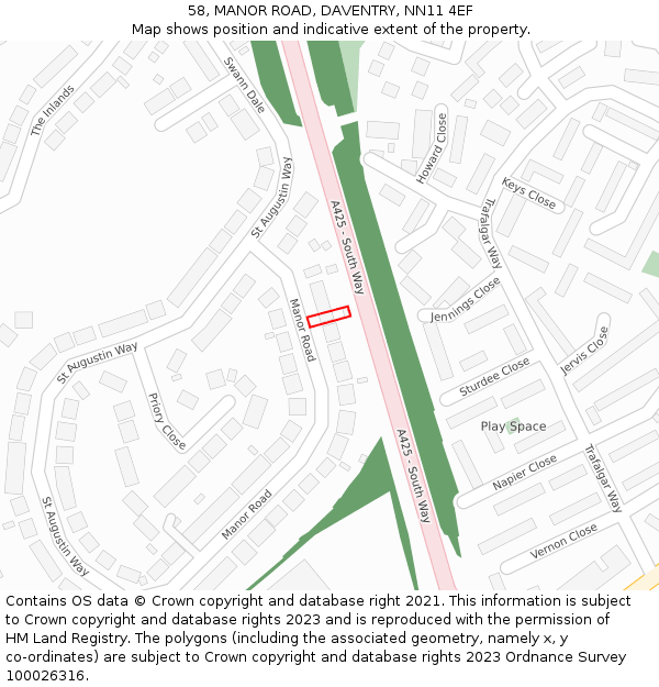 58, MANOR ROAD, DAVENTRY, NN11 4EF: Location map and indicative extent of plot