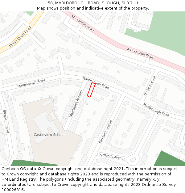 58, MARLBOROUGH ROAD, SLOUGH, SL3 7LH: Location map and indicative extent of plot