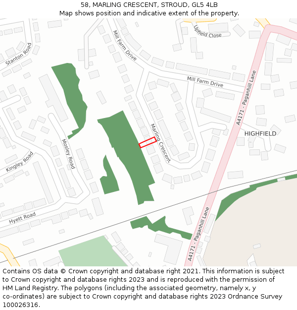 58, MARLING CRESCENT, STROUD, GL5 4LB: Location map and indicative extent of plot