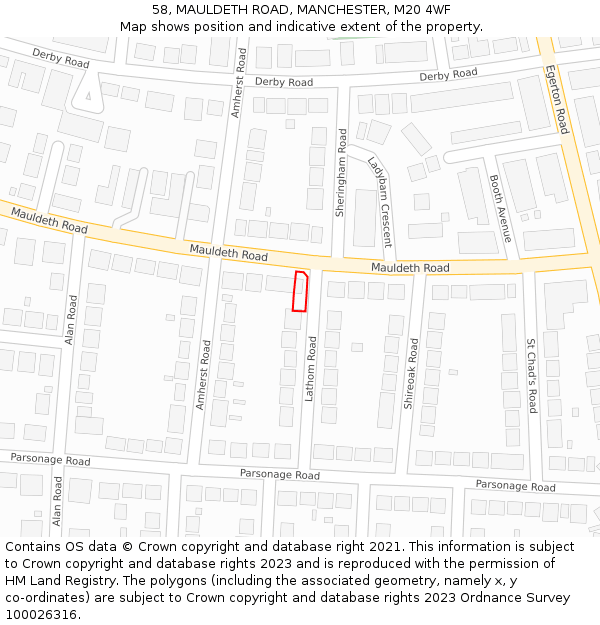 58, MAULDETH ROAD, MANCHESTER, M20 4WF: Location map and indicative extent of plot