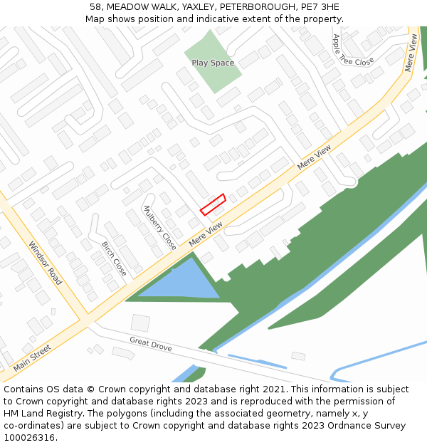 58, MEADOW WALK, YAXLEY, PETERBOROUGH, PE7 3HE: Location map and indicative extent of plot