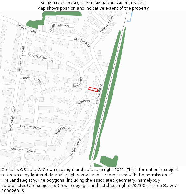 58, MELDON ROAD, HEYSHAM, MORECAMBE, LA3 2HJ: Location map and indicative extent of plot