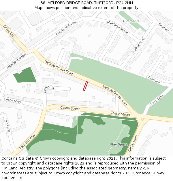 58, MELFORD BRIDGE ROAD, THETFORD, IP24 2HH: Location map and indicative extent of plot