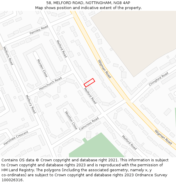 58, MELFORD ROAD, NOTTINGHAM, NG8 4AP: Location map and indicative extent of plot