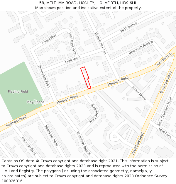 58, MELTHAM ROAD, HONLEY, HOLMFIRTH, HD9 6HL: Location map and indicative extent of plot