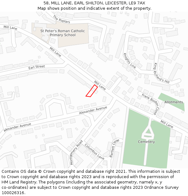 58, MILL LANE, EARL SHILTON, LEICESTER, LE9 7AX: Location map and indicative extent of plot
