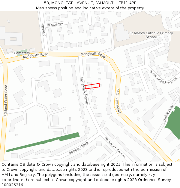 58, MONGLEATH AVENUE, FALMOUTH, TR11 4PP: Location map and indicative extent of plot