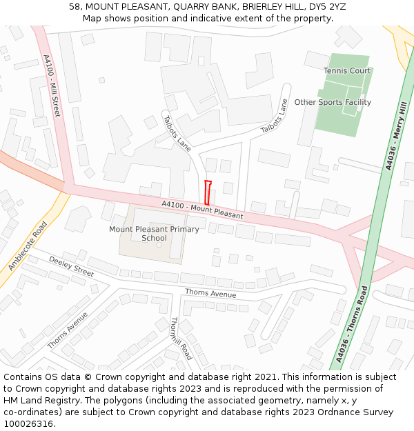 58, MOUNT PLEASANT, QUARRY BANK, BRIERLEY HILL, DY5 2YZ: Location map and indicative extent of plot