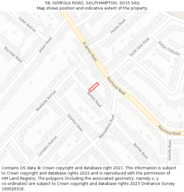 58, NORFOLK ROAD, SOUTHAMPTON, SO15 5AQ: Location map and indicative extent of plot