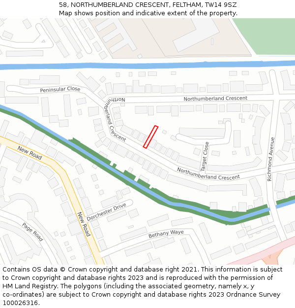 58, NORTHUMBERLAND CRESCENT, FELTHAM, TW14 9SZ: Location map and indicative extent of plot