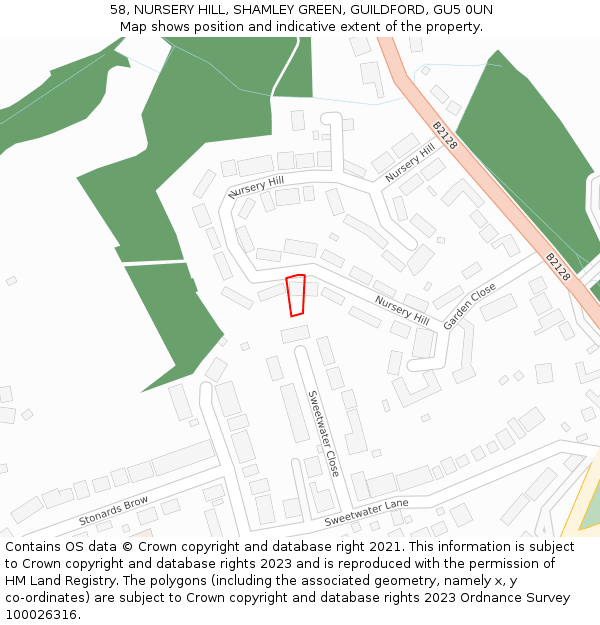 58, NURSERY HILL, SHAMLEY GREEN, GUILDFORD, GU5 0UN: Location map and indicative extent of plot