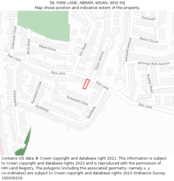 58, PARK LANE, ABRAM, WIGAN, WN2 5XJ: Location map and indicative extent of plot