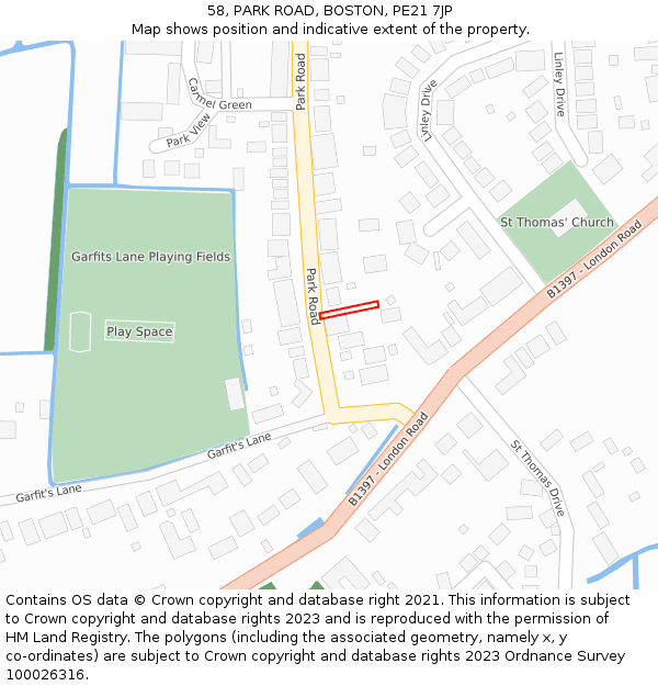 58, PARK ROAD, BOSTON, PE21 7JP: Location map and indicative extent of plot