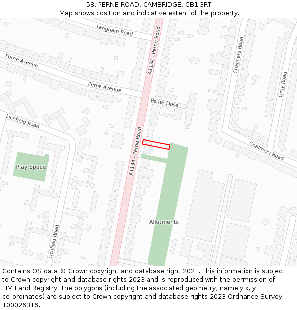 58, PERNE ROAD, CAMBRIDGE, CB1 3RT: Location map and indicative extent of plot