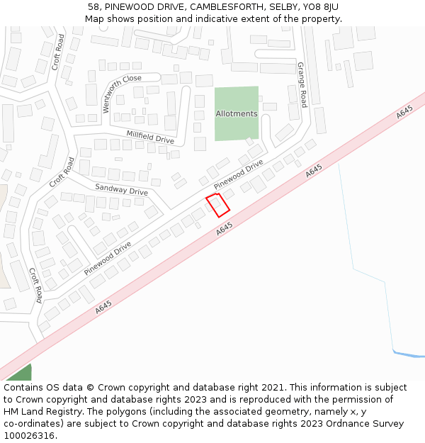 58, PINEWOOD DRIVE, CAMBLESFORTH, SELBY, YO8 8JU: Location map and indicative extent of plot
