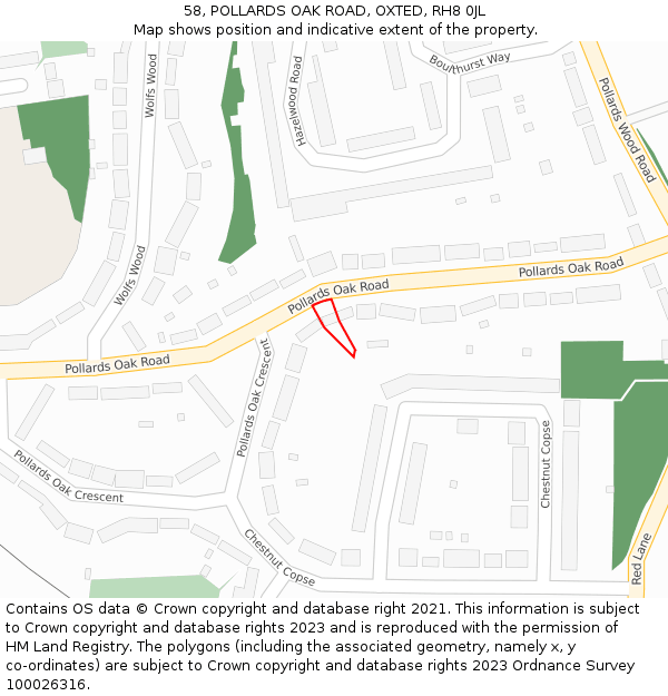 58, POLLARDS OAK ROAD, OXTED, RH8 0JL: Location map and indicative extent of plot
