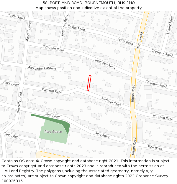 58, PORTLAND ROAD, BOURNEMOUTH, BH9 1NQ: Location map and indicative extent of plot