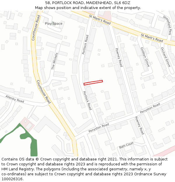 58, PORTLOCK ROAD, MAIDENHEAD, SL6 6DZ: Location map and indicative extent of plot