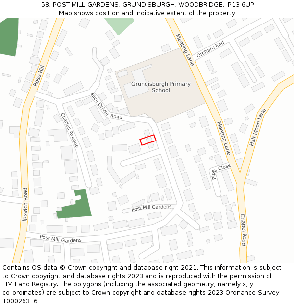 58, POST MILL GARDENS, GRUNDISBURGH, WOODBRIDGE, IP13 6UP: Location map and indicative extent of plot