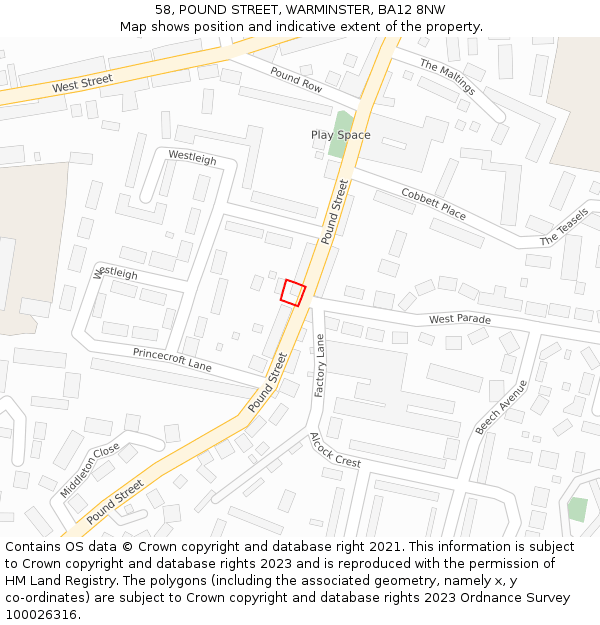 58, POUND STREET, WARMINSTER, BA12 8NW: Location map and indicative extent of plot
