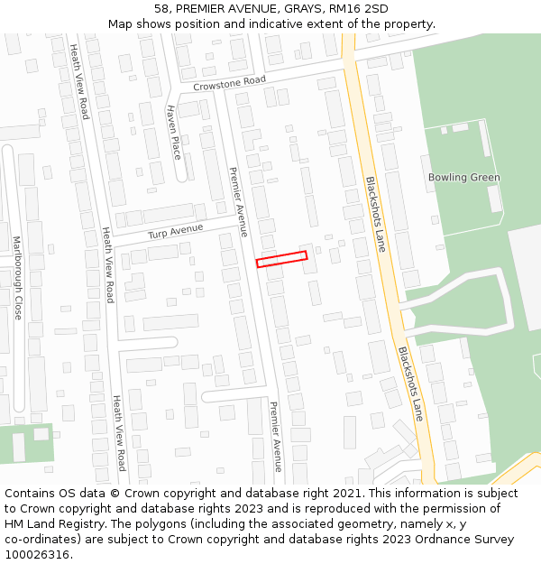 58, PREMIER AVENUE, GRAYS, RM16 2SD: Location map and indicative extent of plot
