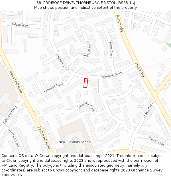 58, PRIMROSE DRIVE, THORNBURY, BRISTOL, BS35 1UJ: Location map and indicative extent of plot