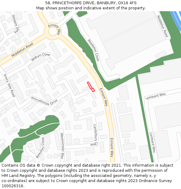 58, PRINCETHORPE DRIVE, BANBURY, OX16 4FS: Location map and indicative extent of plot