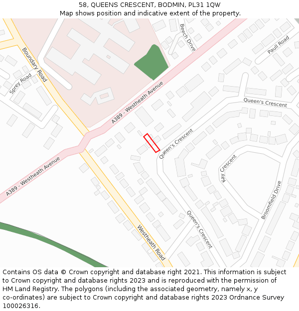 58, QUEENS CRESCENT, BODMIN, PL31 1QW: Location map and indicative extent of plot