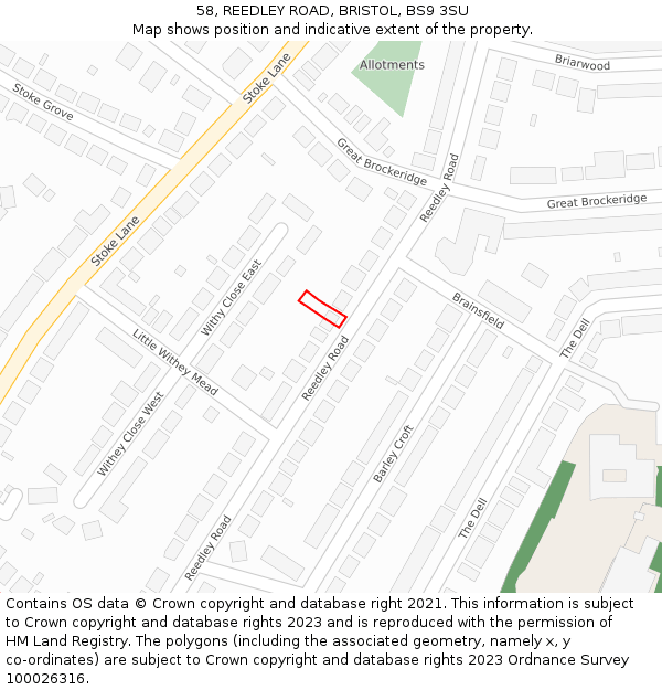 58, REEDLEY ROAD, BRISTOL, BS9 3SU: Location map and indicative extent of plot