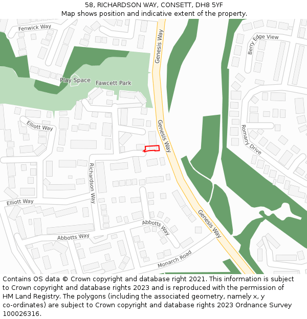 58, RICHARDSON WAY, CONSETT, DH8 5YF: Location map and indicative extent of plot