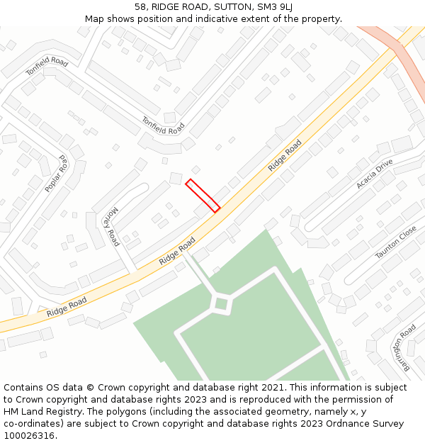 58, RIDGE ROAD, SUTTON, SM3 9LJ: Location map and indicative extent of plot