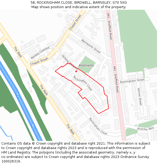 58, ROCKINGHAM CLOSE, BIRDWELL, BARNSLEY, S70 5XG: Location map and indicative extent of plot