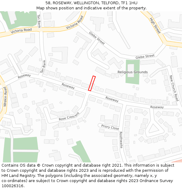 58, ROSEWAY, WELLINGTON, TELFORD, TF1 1HU: Location map and indicative extent of plot