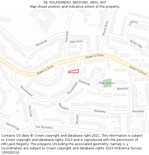 58, ROUNDMEAD, BEDFORD, MK41 9HY: Location map and indicative extent of plot